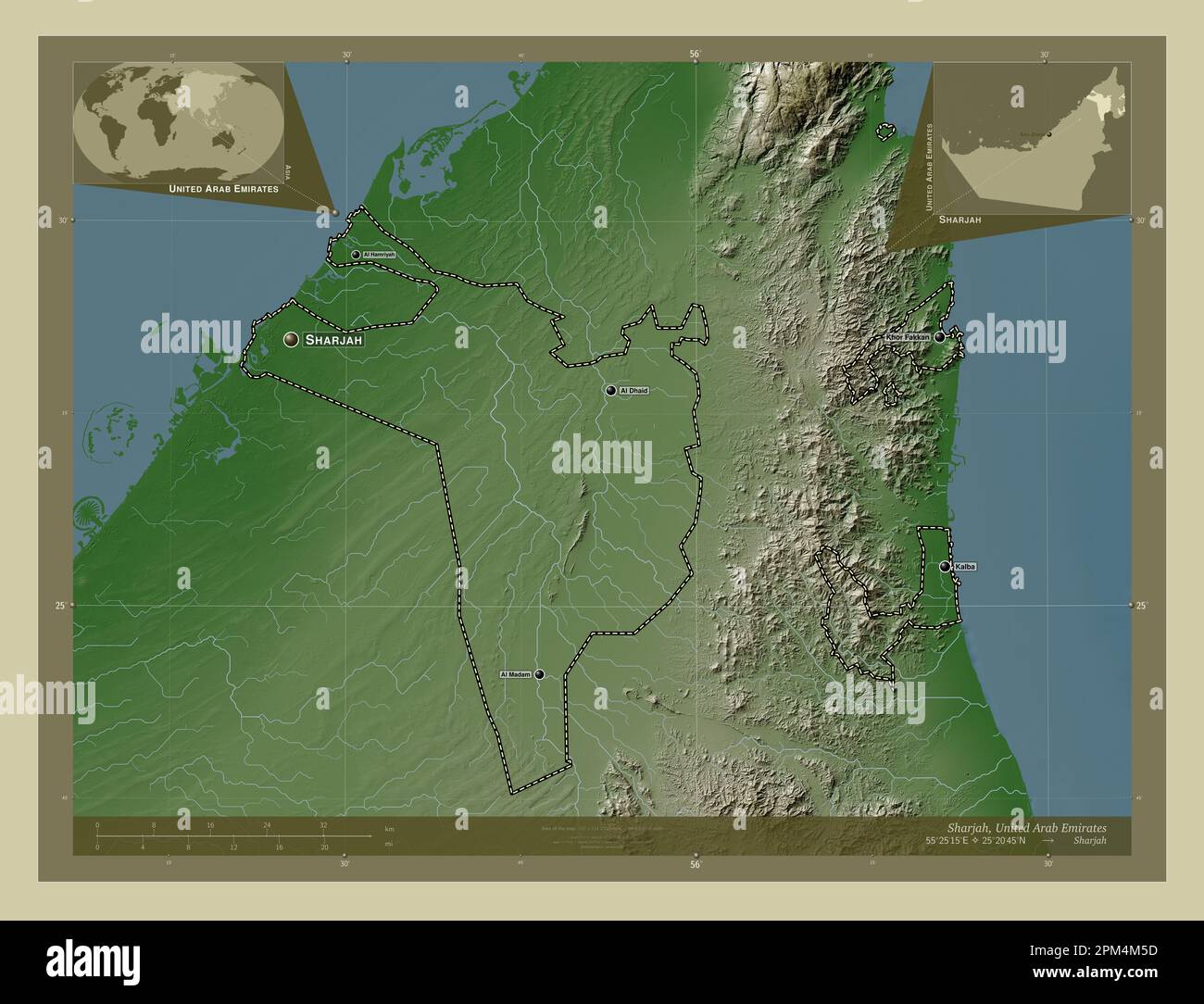 Sharjah, émirat des Émirats arabes Unis. Carte d'altitude colorée en style wiki avec lacs et rivières. Lieux et noms des principales villes de la région Banque D'Images