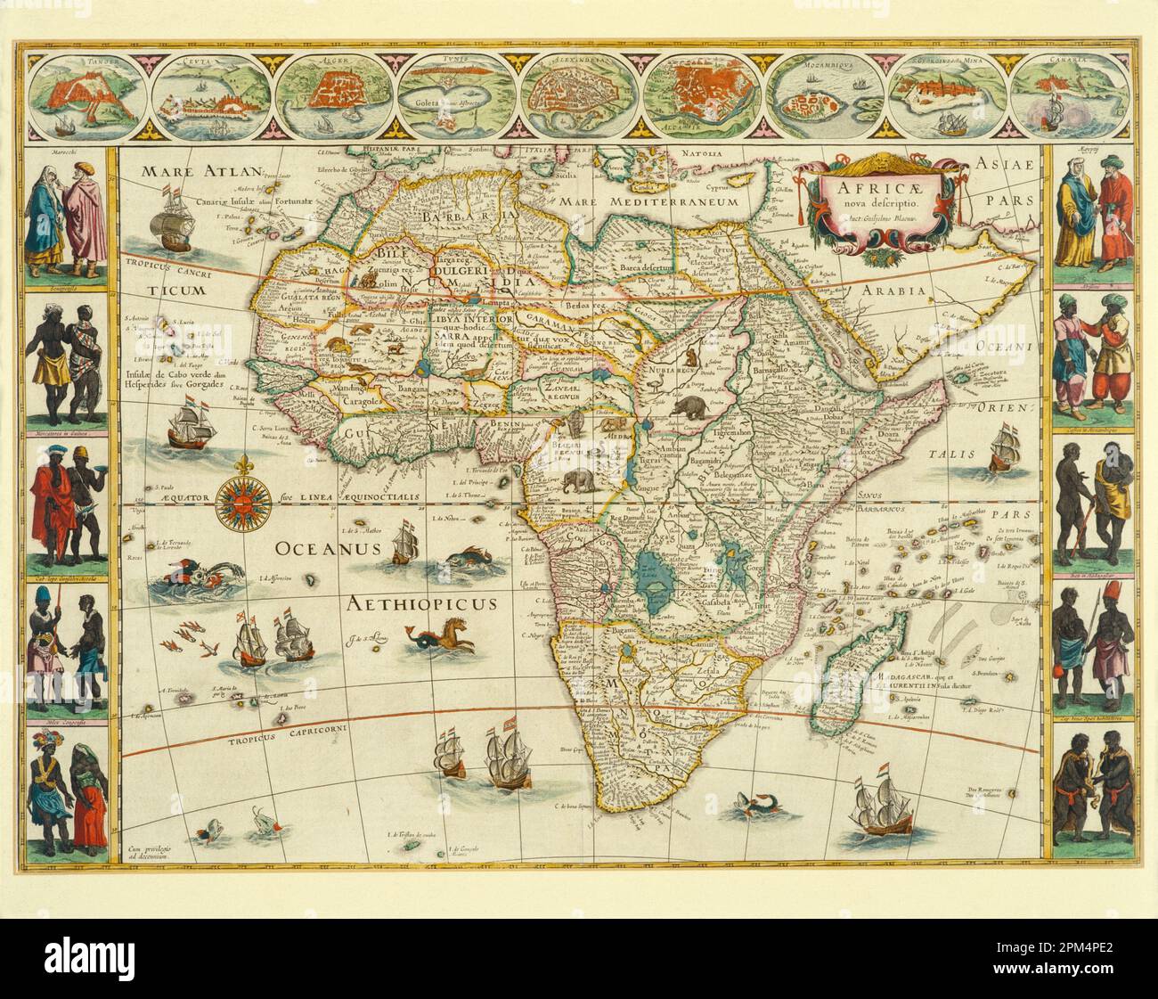 Œuvres d'art. Carte historique antique illustrée montrant le continent africain. Par Willem Janszoon Blaeu. Vers 1635. Banque D'Images