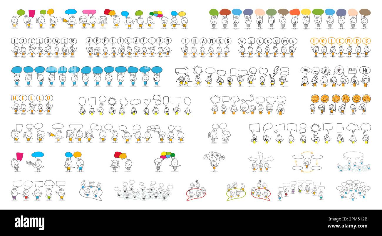 Chiffres du bâton. Des gens avec des bulles de parole. Style de dessin animé. Réseaux sociaux, actualités, réseaux sociaux, chat, bulles de dialogue. Illustration de Vecteur