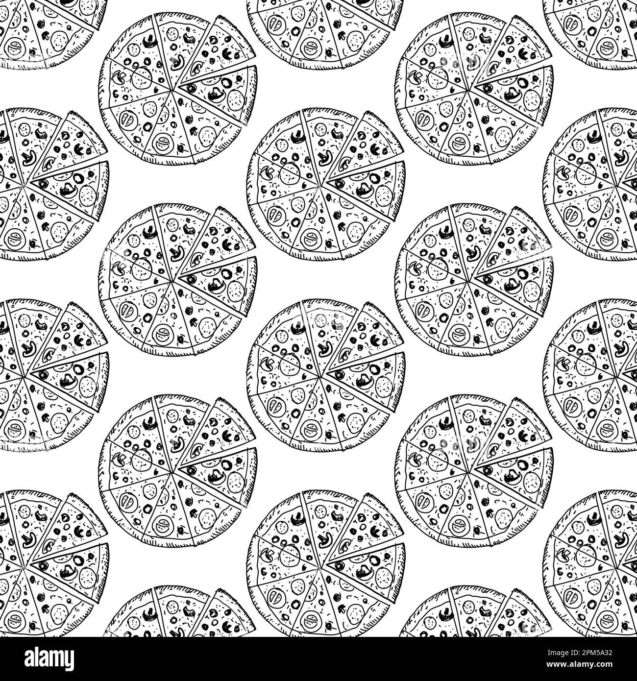 Motif pizza sans couture. Illustrations de pizza dessinées à la main. Illustration vectorielle. Illustration de Vecteur