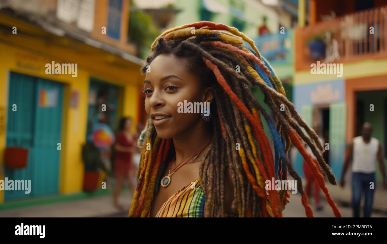 belle jeune femme afro portant des dreadlocks colorés dans ses cheveux Banque D'Images