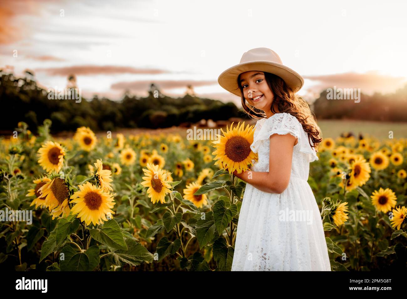 Jeune fille avec un chapeau sur tenir un tournesol dans un champ au coucher du soleil Banque D'Images