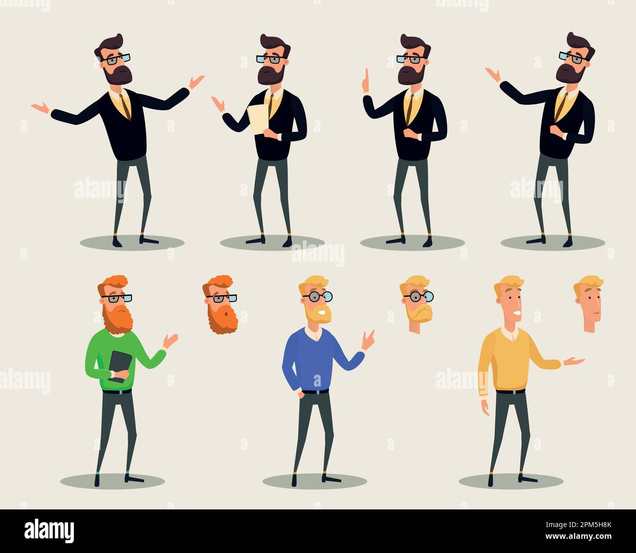Constructeur de caractères d'homme d'affaires. Un ensemble pour créer des icônes de dessins animés des personnages d'affaires des hommes barbus dans le vecteur Illustration de Vecteur