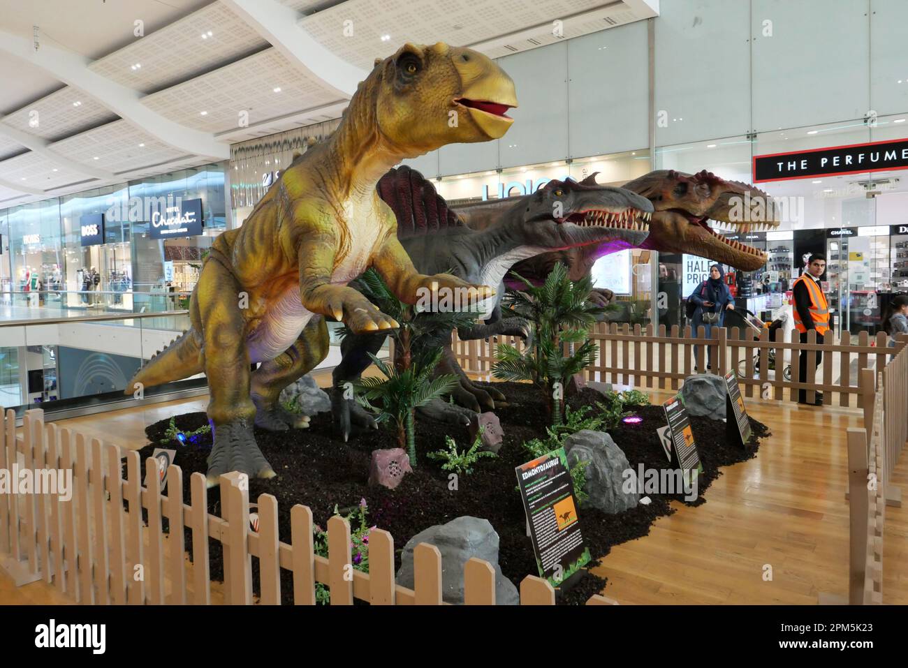 Grands dinosaures robots animés dans le centre de Derbion pendant la pause scolaire de Pâques en avril 2023 Banque D'Images