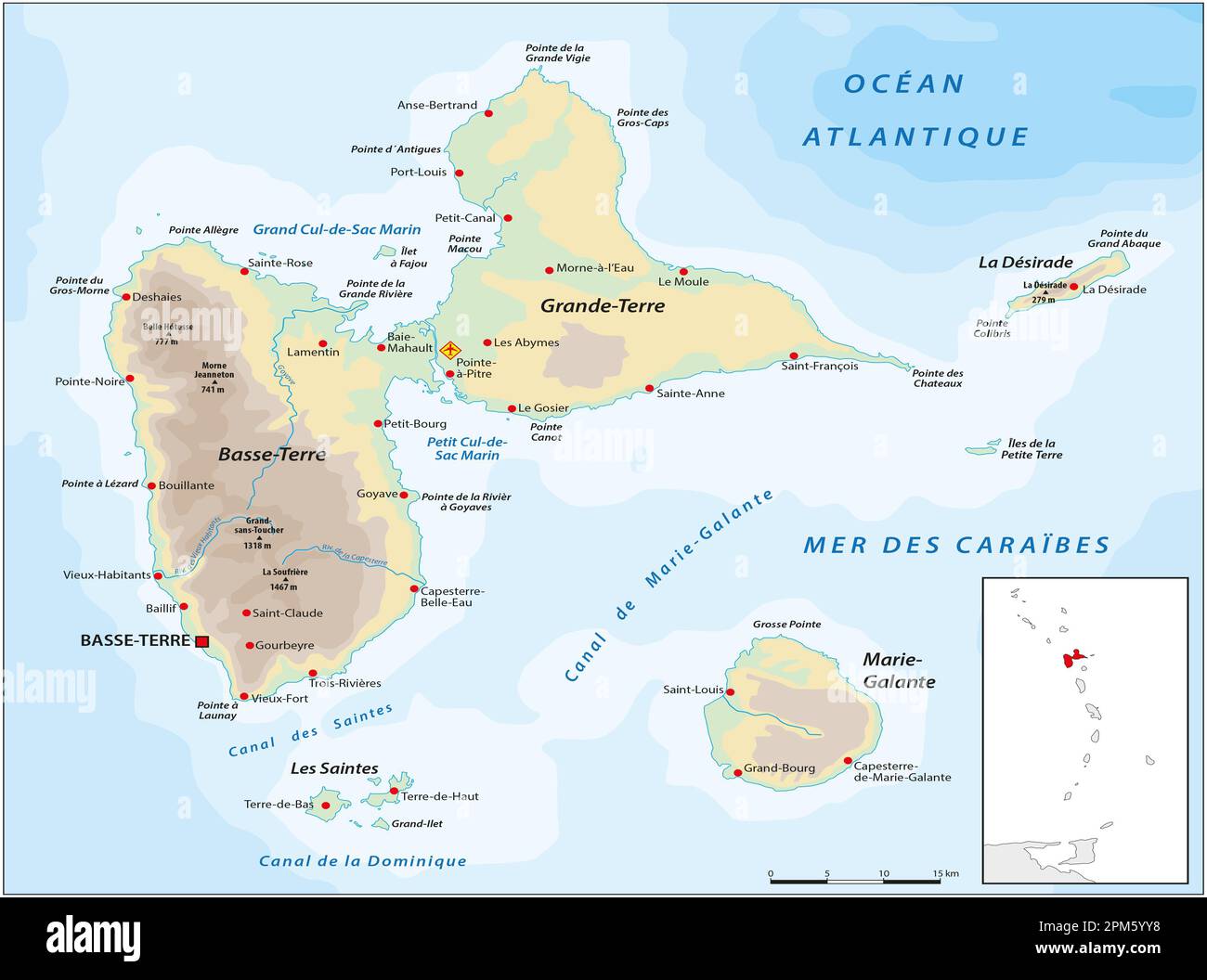 Carte vectorielle du territoire français d'outre-mer Guadeloupe Banque D'Images