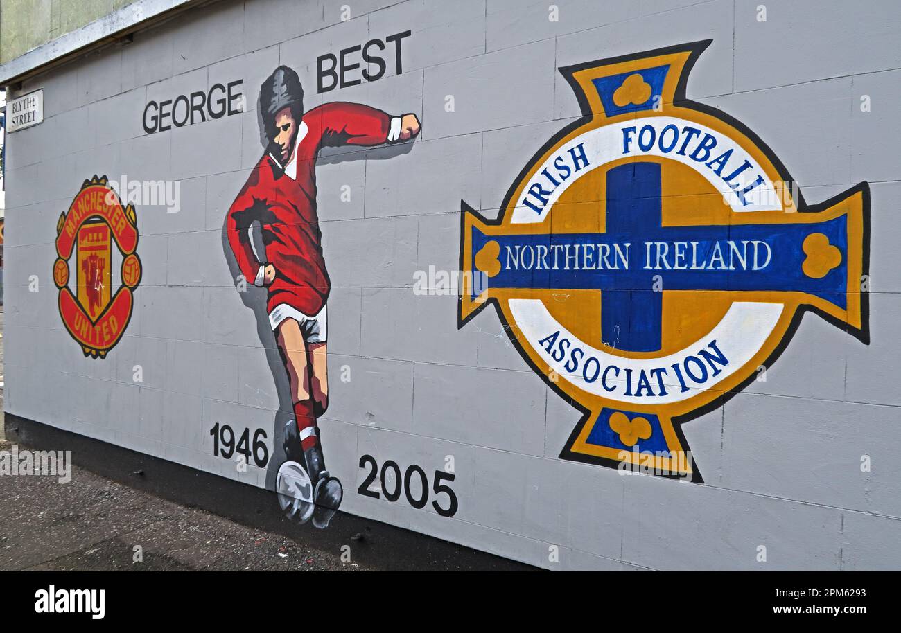 Blythe Street, Sandy Row - peinture murale George Best football, 1946-2005, Irlande du Nord, Irish football Association, Belfast, Antrim, Irlande du Nord, Royaume-Uni Banque D'Images