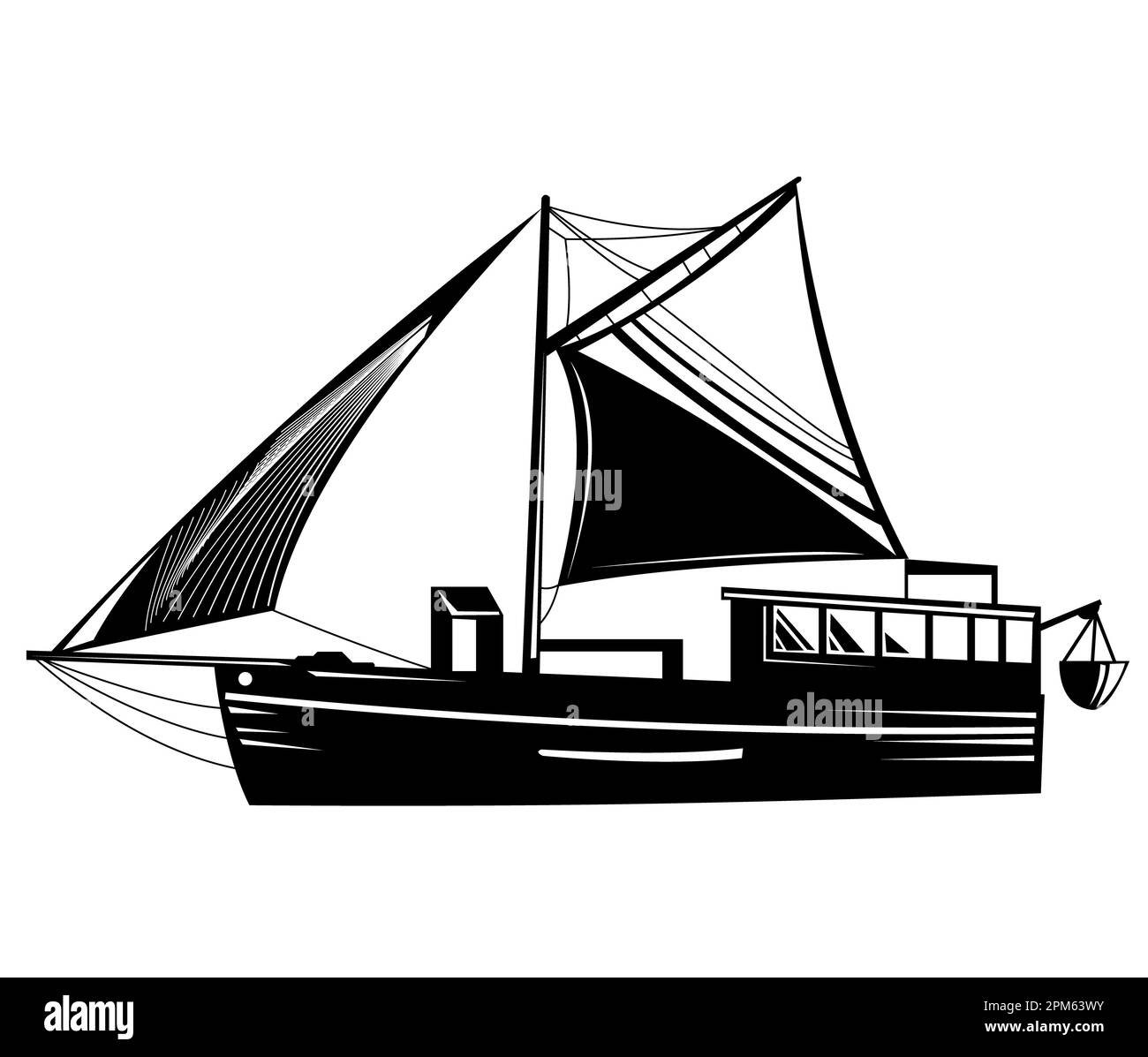 Illustration d'une goélette de pêche vintage ou bateau à moteur bleu voilier en bois à voile en mer vue de côté sur fond isolé Banque D'Images
