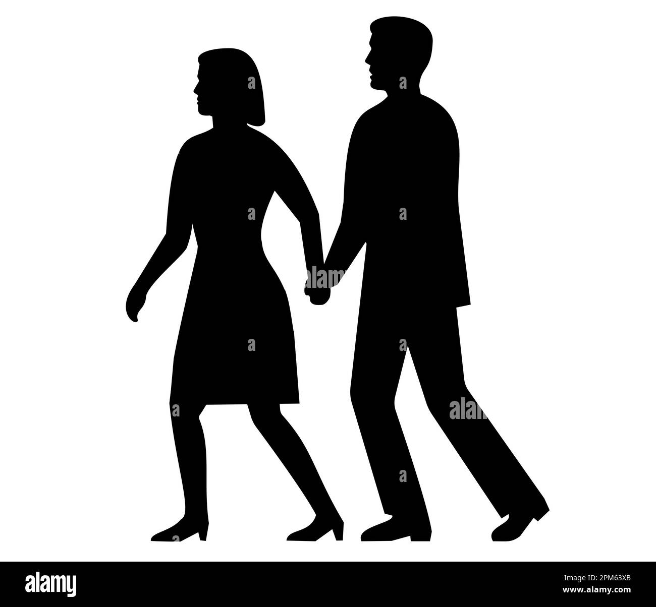 Illustration de style rétro d'une silhouette de couple homme et femme marchant loin en tenant les mains vues du côté sur un arrière-plan isolé faite en noir Banque D'Images