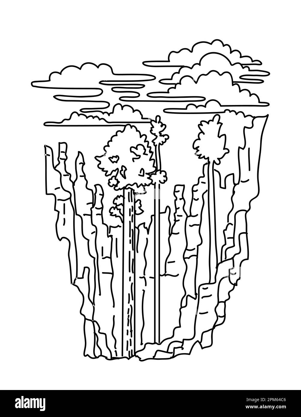 Illustration monoligne de Douglas taxifoliés et de hoodoos dans le parc national de Bryce Canyon, dans le sud de l'Utah, aux États-Unis, en ligne de monoline noire et blanche Banque D'Images