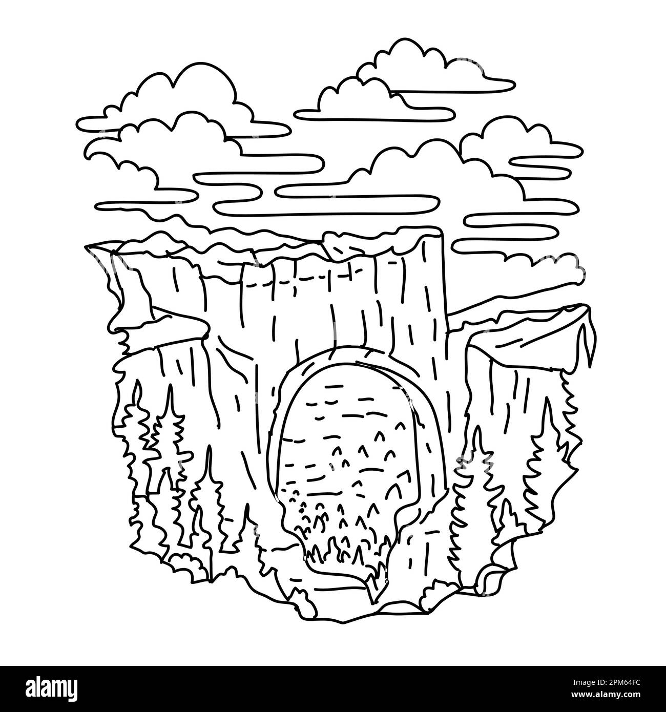 Illustration en monoligne du pont naturel dans le parc national de Bryce Canyon, dans le sud-ouest de l'Utah, aux États-Unis, réalisée en dessin en monoline noir et blanc Banque D'Images