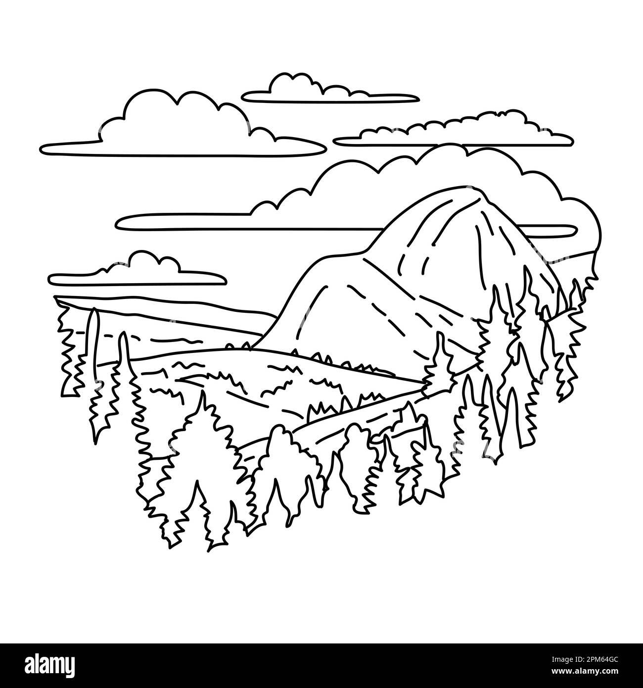 Illustration monoligne de Olmsted point avec vue sur le côté nord de Half Dome et Clouds Rest dans le parc national de Yosemite, Californie fait en bl Banque D'Images