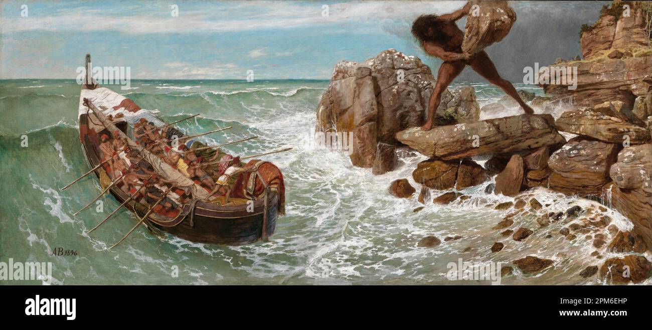 Odysseus et Polyphemus, 1896 peint par le peintre symboliste suisse Arnold Böcklin datant du 19th siècle. Il dépeint Odysseus s'échappant de l'île de Polyphemus avec les Cyclops enragés et aveuglés qui lancent des blocs après lui. Banque D'Images