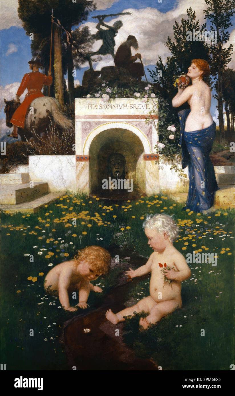 Vita somnium breve (la vie d'un rêve court) peint par le peintre symboliste suisse Arnold Böcklin datant du 19th siècle. Il dépeint les âges de l'homme, avec des bébés jouant dans le jardin, une jeune femme, un homme, et la mort sur le point de prendre un homme très vieux. Banque D'Images