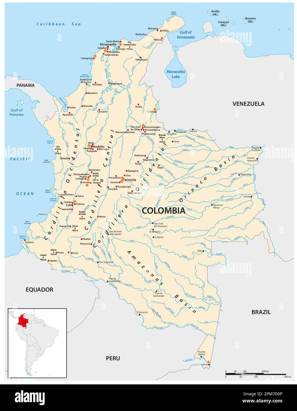 Carte vectorielle détaillée de l'État sud-américain de Colombie Banque D'Images