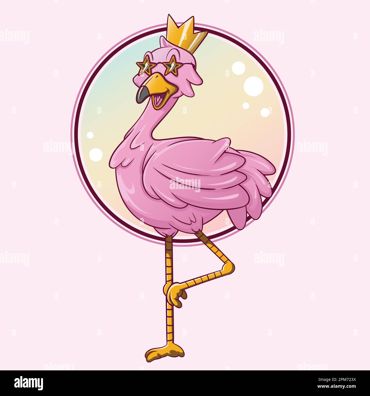 Flamant rose avec couronne dorée dans un cadre rond. Illustration vectorielle. Illustration de Vecteur