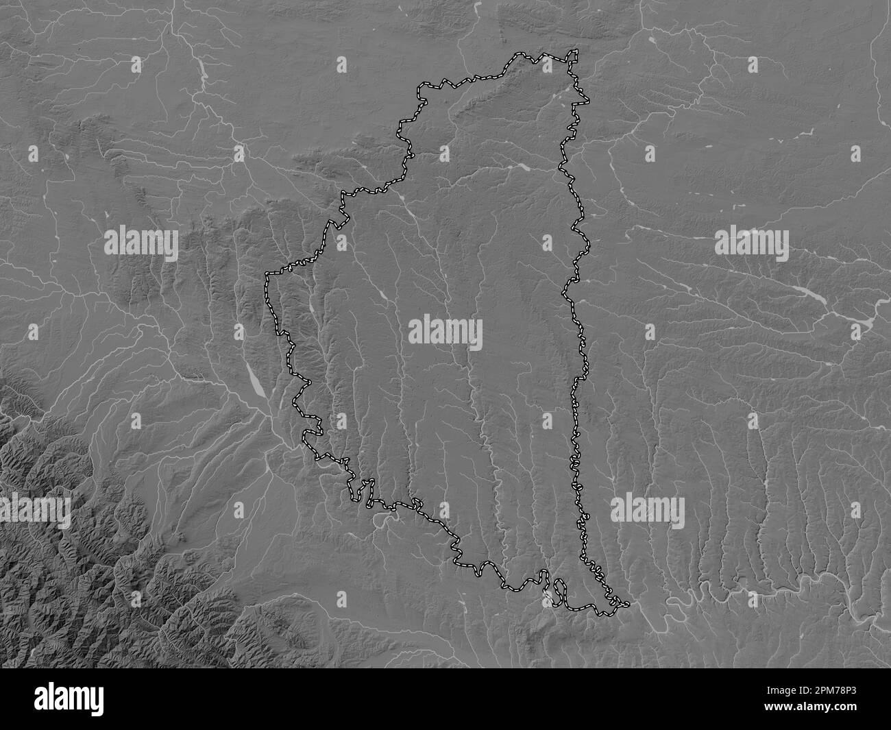 Ternopil', région de l'Ukraine. Carte d'altitude en niveaux de gris avec lacs et rivières Banque D'Images