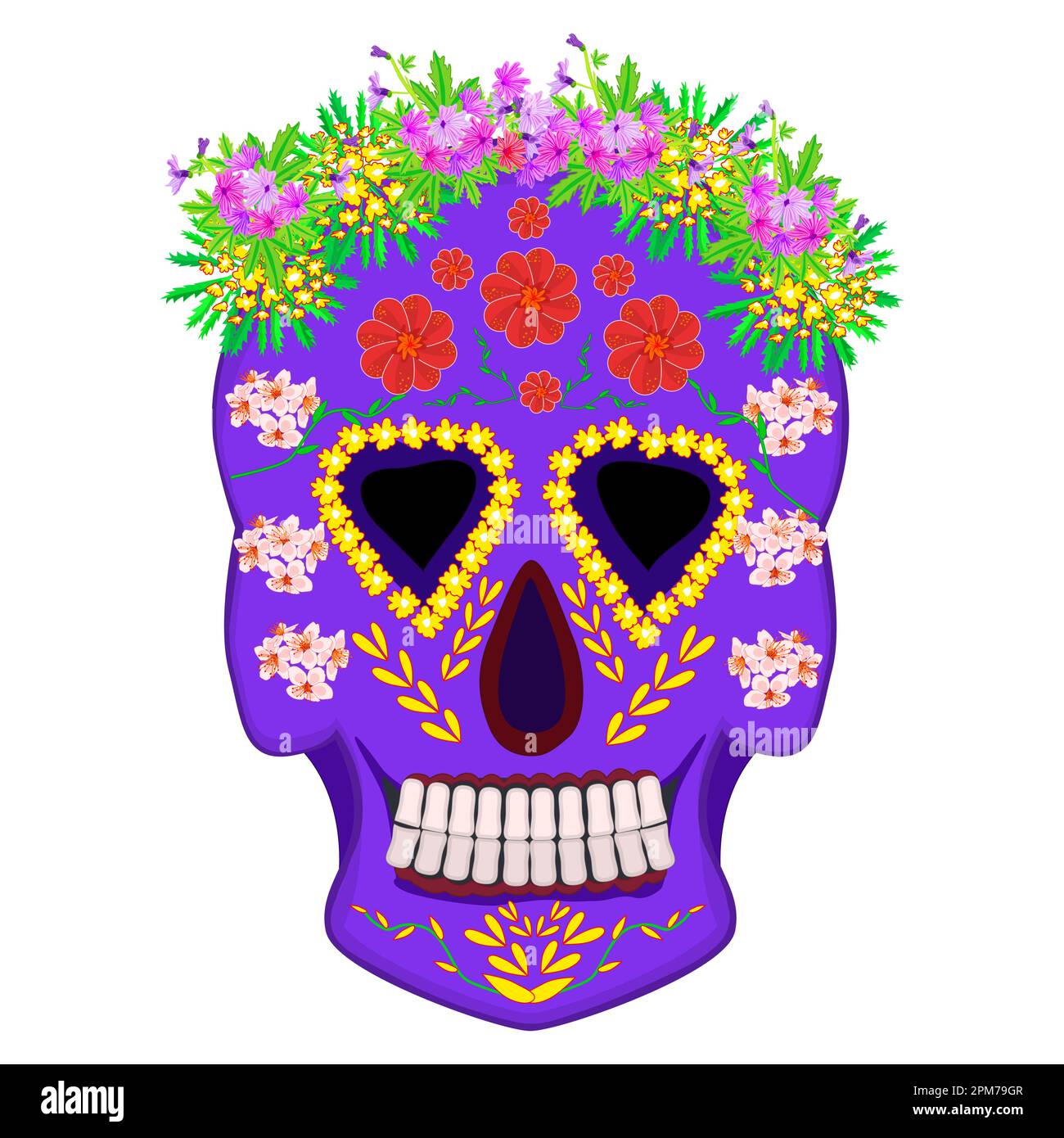 Crâne de sucre mexicain. Dia de Los Muertos. Jour des morts. La culture populaire mexicaine. Crâne violet avec décoration florale colorée. Illustration vectorielle Illustration de Vecteur