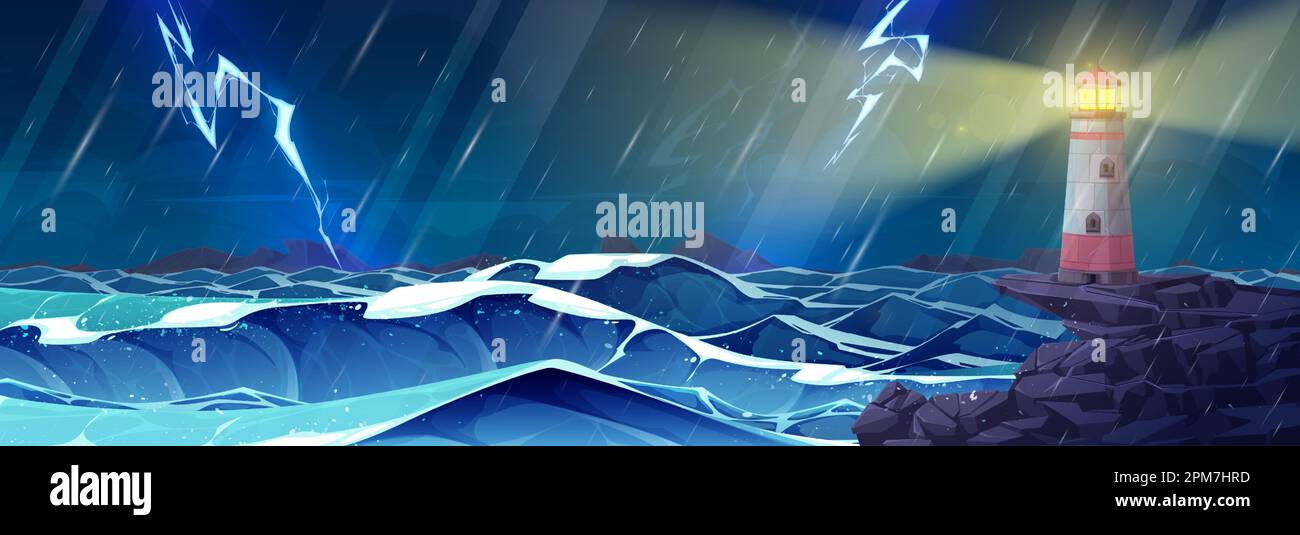 Illustration de la tempête de vecteur de la nuit de mer. Phare sur falaise faisceau de spot pour la navigation dans l'océan avec nuage, pluie et tempête d'orage. Écusson et eau mousse fond de dessin animé sombre et spectaculaire. Illustration de Vecteur