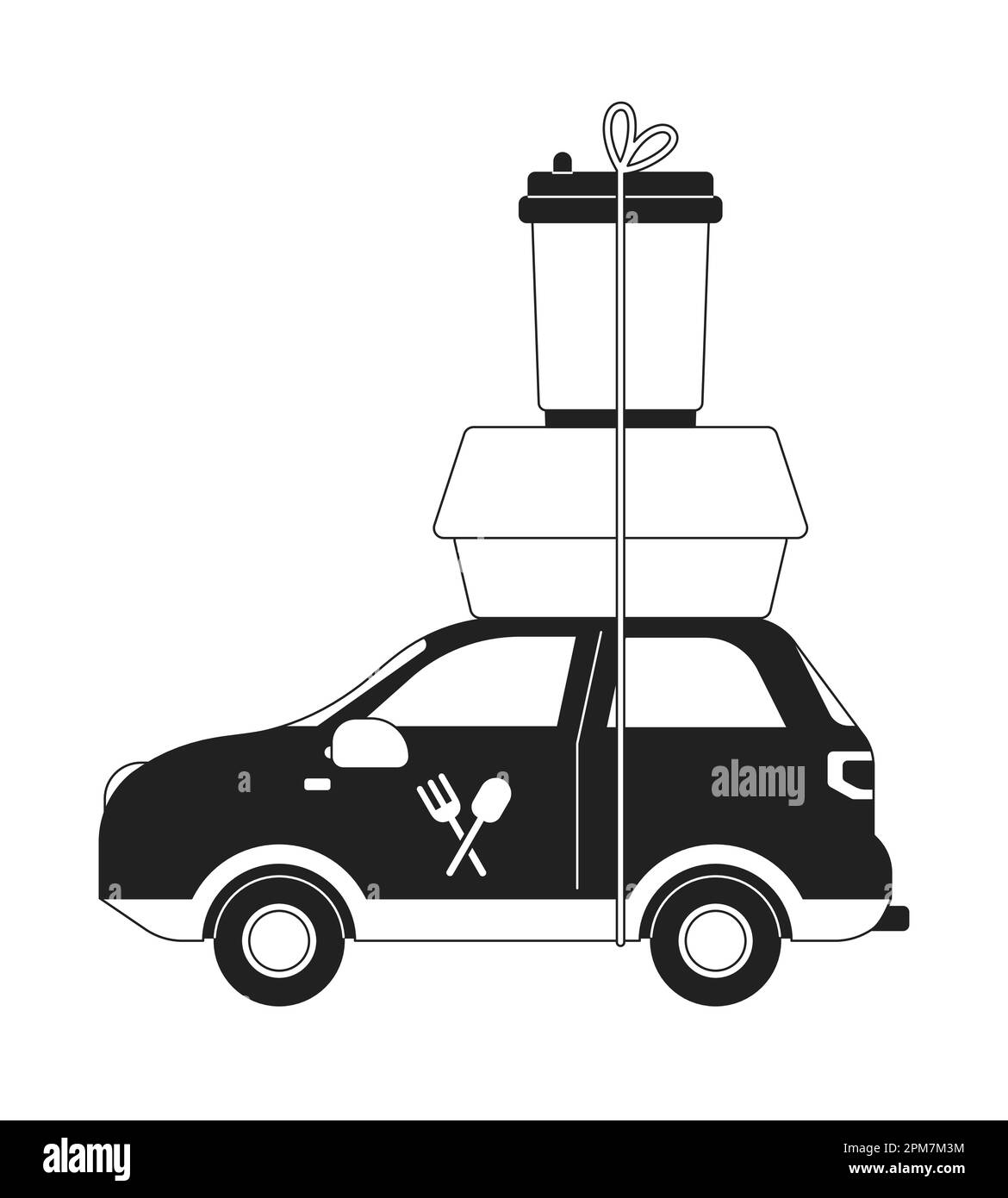 Voiture de livraison avec repas préparé et café concept monochrome illustration vectorielle spot Illustration de Vecteur