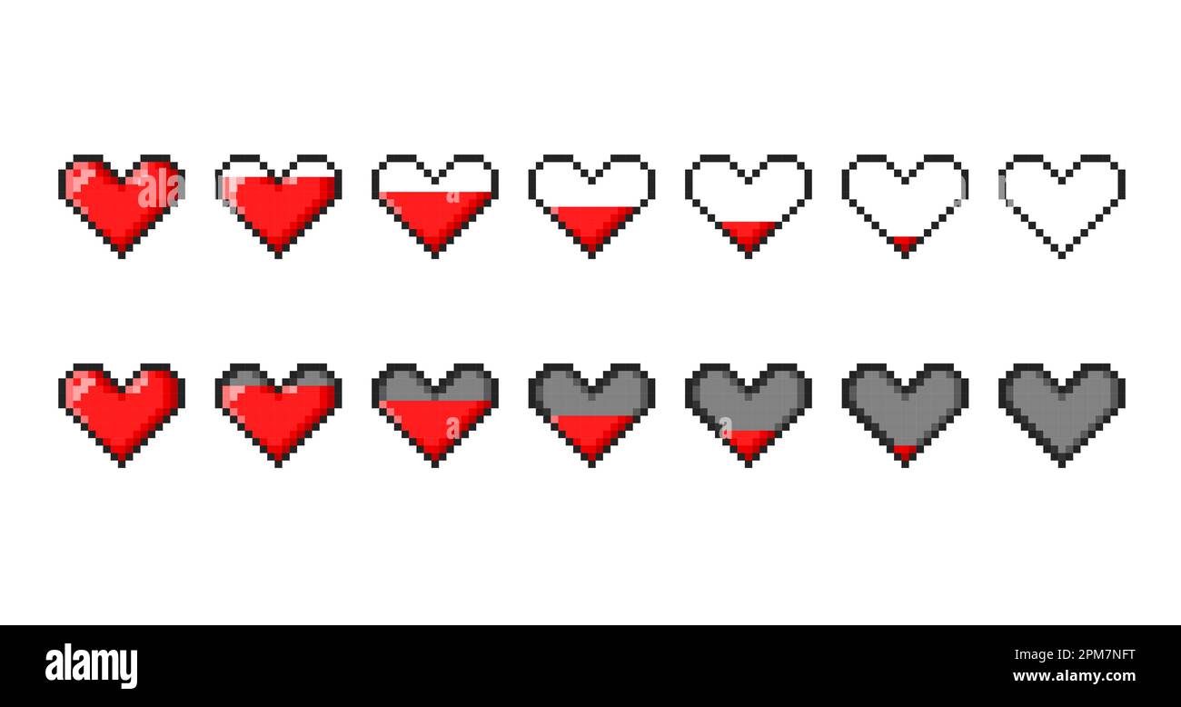 Cœur de pixel. Elément d'interface utilisateur de jeu de console vintage, 8bit arcade ou videogame Player santé ou indicateur de vecteur de vie, menu pixel GUI niveau d'énergie Illustration de Vecteur