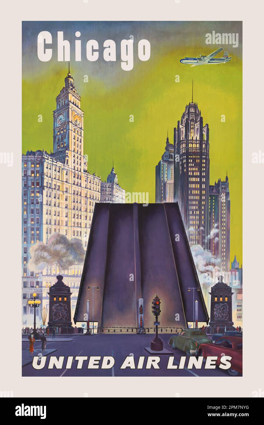 Chicago. United Air Lines par Joseph Feher (1908-1987). Affiche publiée en 1947 aux États-Unis. Banque D'Images