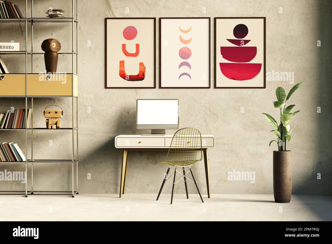 Bureau ou bureau à domicile avec cadres blancs bureau et usine. 3d illustration Banque D'Images