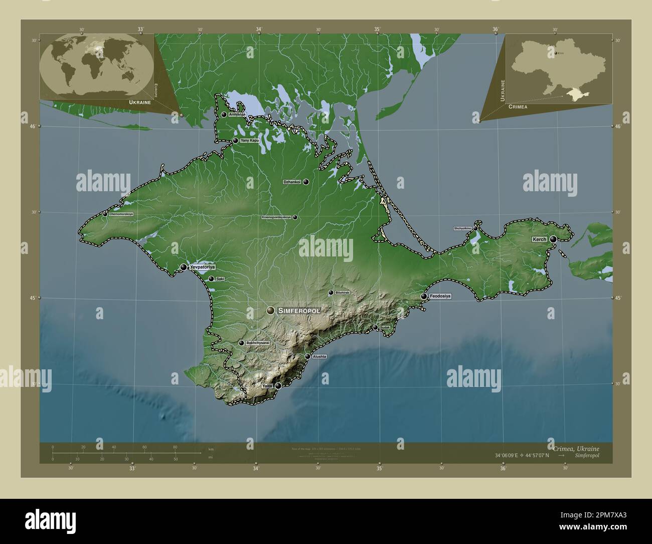 Crimée, République autonome d'Ukraine. Carte d'altitude colorée en ...