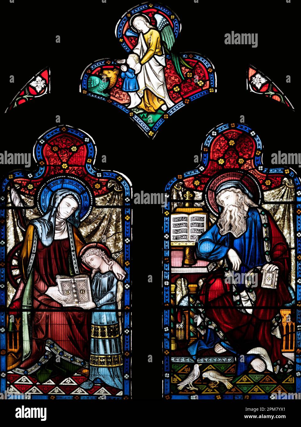 Marie étant enseignée à lire par sa mère (Sainte-Anne) et son père (Saint-Joachim) avec le Livre des proverbes. Église Sainte-Marie-et-la-Toussaint, Whalley, Royaume-Uni Banque D'Images