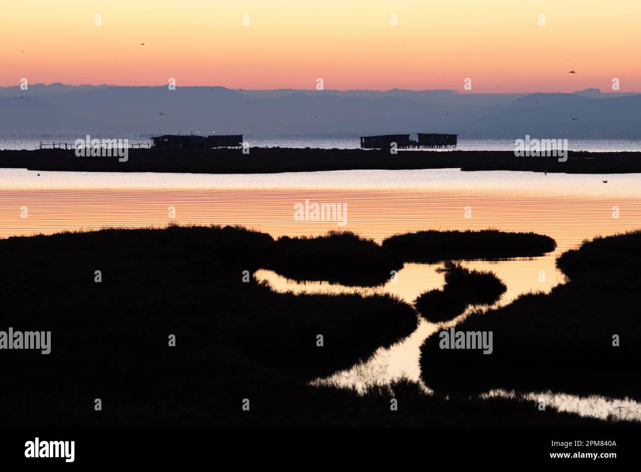 Grèce, Macédoine, Thessalonique, Parc National du Delta d'Axios, Parc National de Grèce, créé en 2008, étant l'une des plus grandes zones humides protégées d'Europe. Il abrite de nombreuses espèces d'oiseaux, des cabanes de pêcheurs Banque D'Images