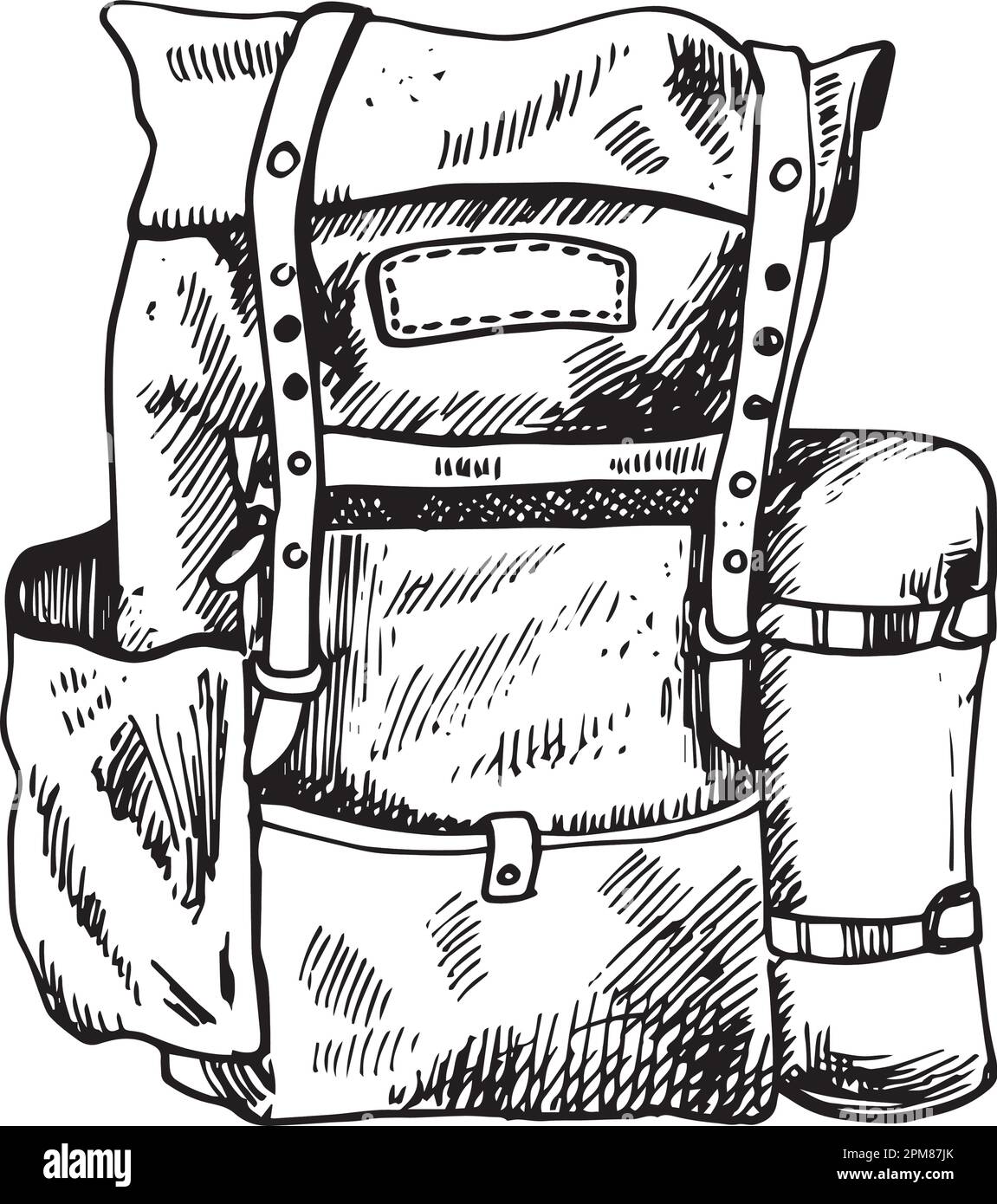 Esquisse de sac à dos de camping touristique. Randonnée pédestre, concept de randonnée. Illustration dessinée à la main isolée sur fond blanc. Illustration de Vecteur