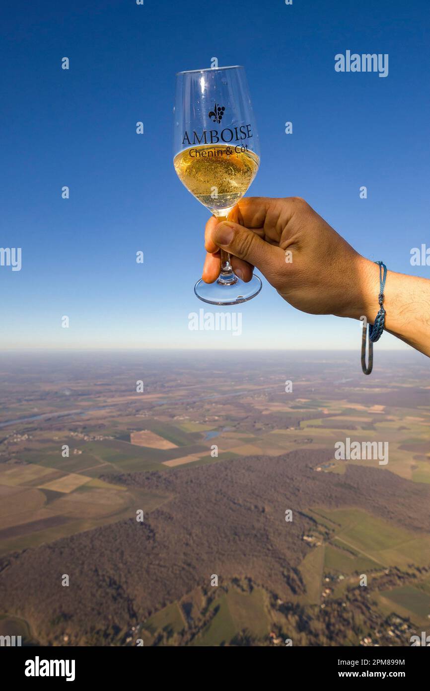 France, Indre et Loire, Souvigny-de-Touraine, à partir d'une montgolfière avec l'opérateur Aérocom (vue aérienne), verre de vin mousseux de la Loire Banque D'Images