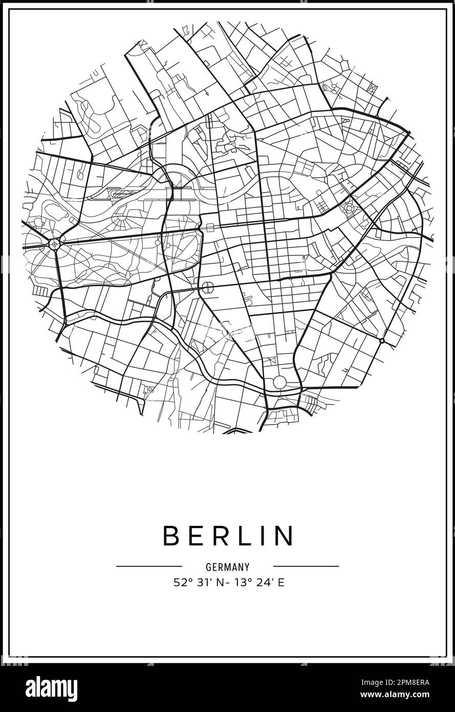 Carte de la ville de Berlin imprimable en noir et blanc, design d'affiche, illustration vectorielle. Illustration de Vecteur
