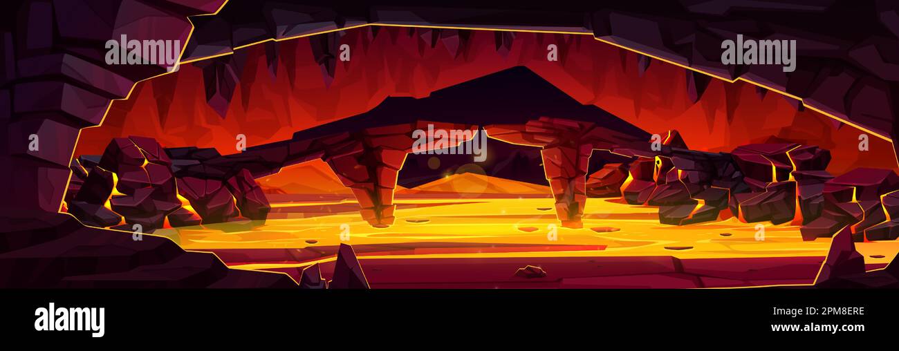 Grotte de volcan de dessin animé avec écoulement de lave à l'intérieur. Illustration vectorielle de paysage d'enfer souterrain, pont de pierre dangereux à travers la rivière magma chaude, murs de montagne rocailleux. Arrière-plan du jeu d'aventure Illustration de Vecteur