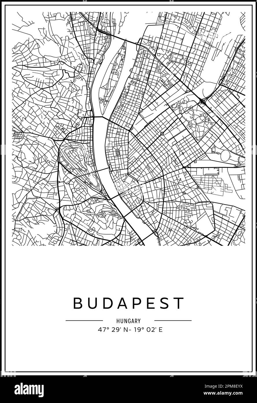 Carte de la ville de Budapest imprimable en noir et blanc, design d'affiche, illustration vectorielle. Illustration de Vecteur