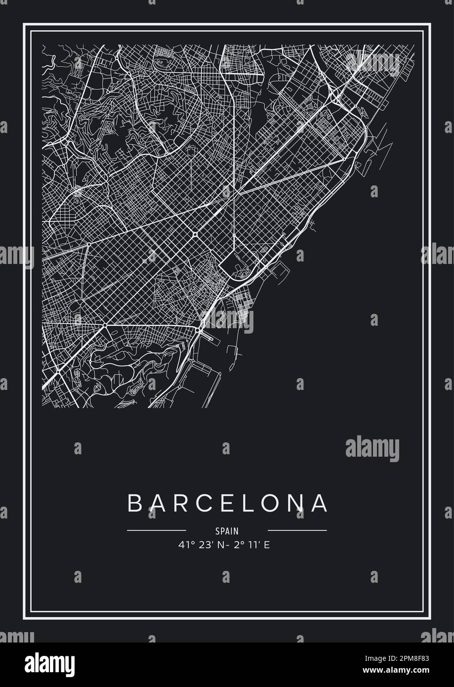 Carte de la ville de Barcelone imprimable en noir et blanc, design d'affiche, illustration vectorielle. Illustration de Vecteur