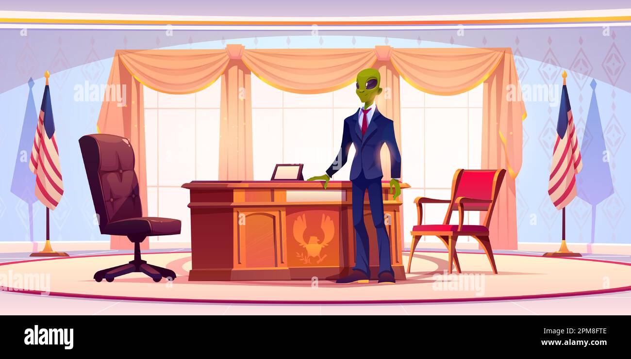Drôle d'homme d'affaires étranger ou président se tenir dans le bureau avec de grandes fenêtres, table, chaises et drapeaux des États-Unis. Monstre humanoïde avec peau verte, yeux larges en costume formel. Illustration vectorielle de dessin animé Illustration de Vecteur
