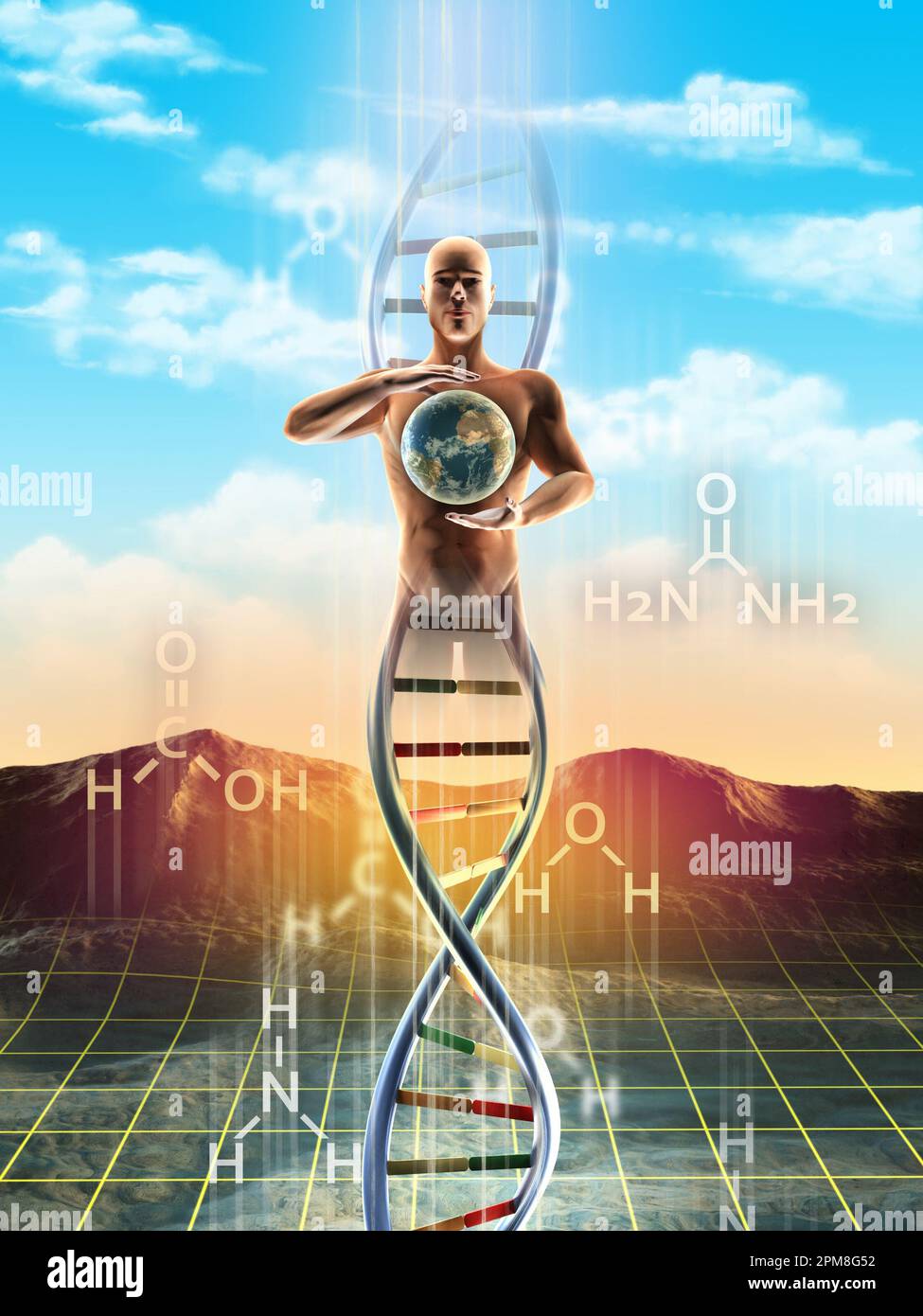 Origines de la vie : des molécules simples à l'adn. Un être humain se matérialise à partir de l'adn et tient la Terre entre ses mains. Illustration numérique. Banque D'Images