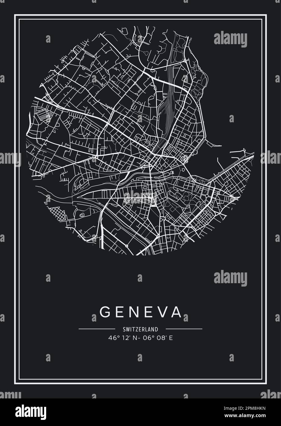 Carte de la ville de Genève imprimable en noir et blanc, design d'affiche, illustration vectorielle. Illustration de Vecteur