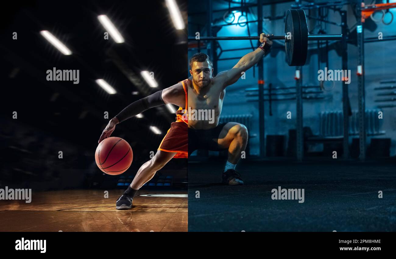 Image composite de l'homme barbu faisant différents types de basket-ball de  sport professionnel, haltérophilie sur 3D modèle de fond de salle de sport  Photo Stock - Alamy