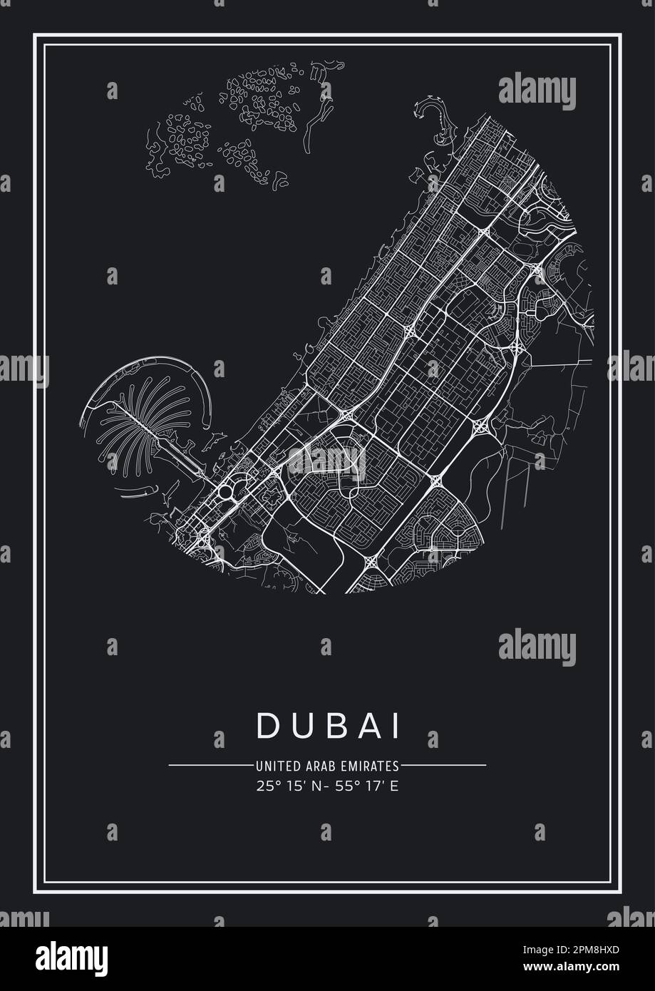 Carte de la ville de Dubaï imprimable en noir et blanc, design d'affiche, illustration vectorielle. Illustration de Vecteur