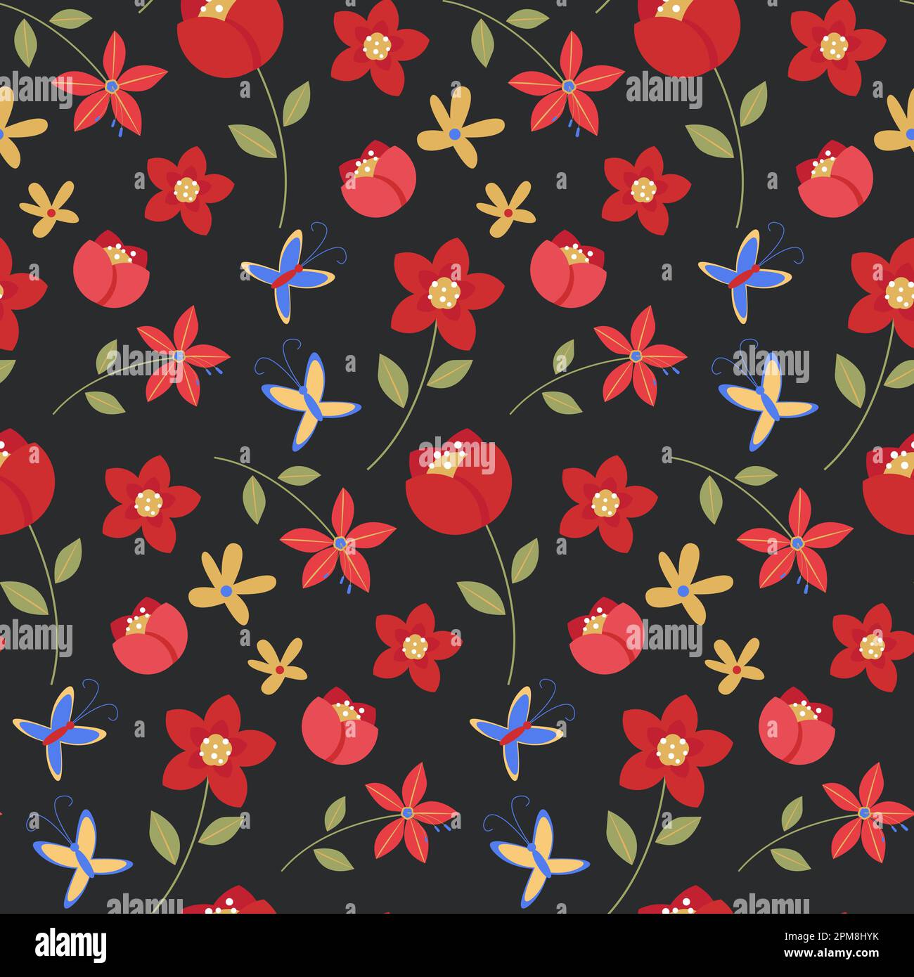 Motif sans couture de fleurs rouges et de papillons sur fond noir. Texture romantique et dynamique pour une couverture estivale Illustration de Vecteur