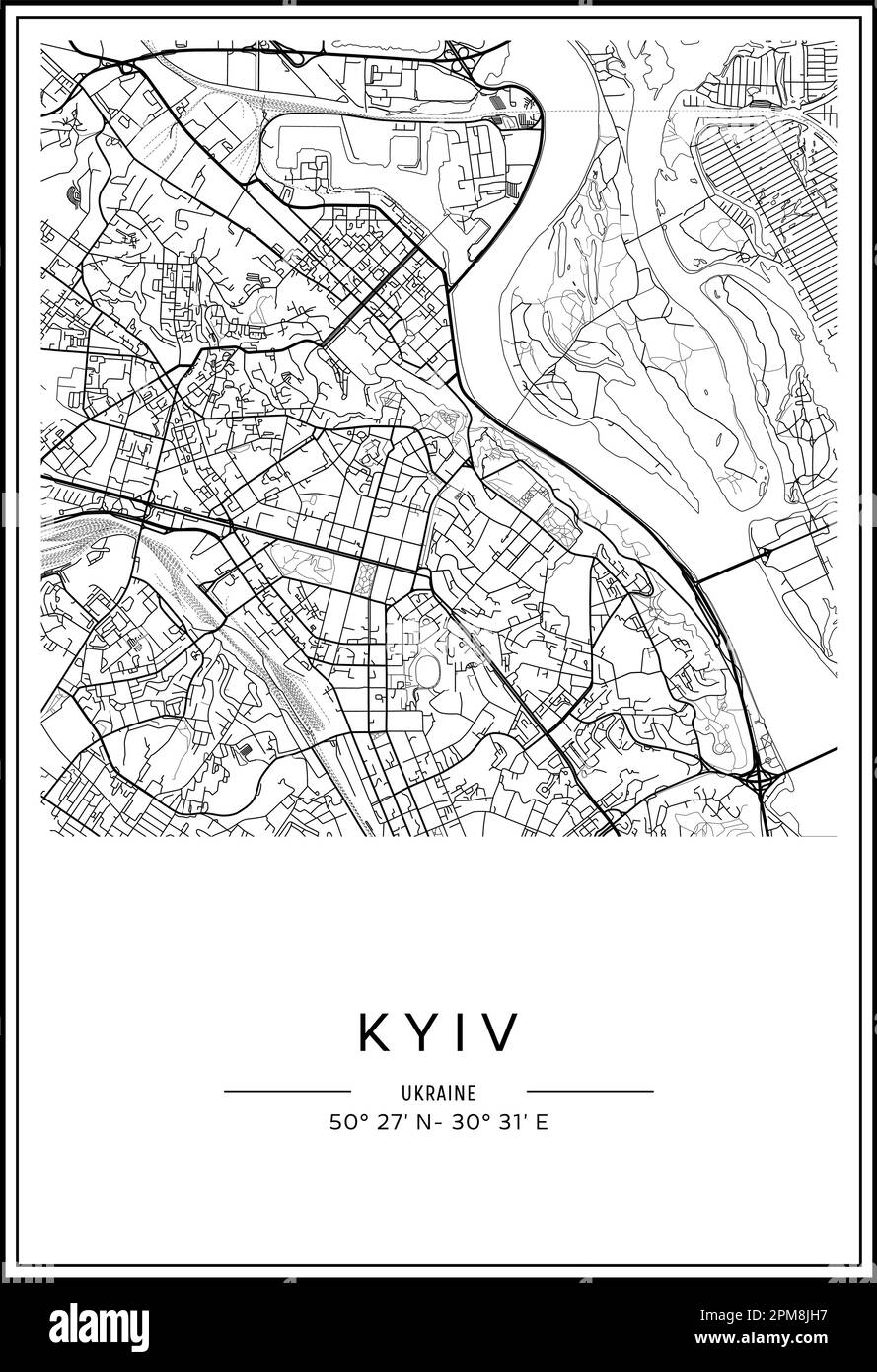 Carte de la ville de Kiev imprimable en noir et blanc, design d'affiche, illustration vectorielle. Illustration de Vecteur