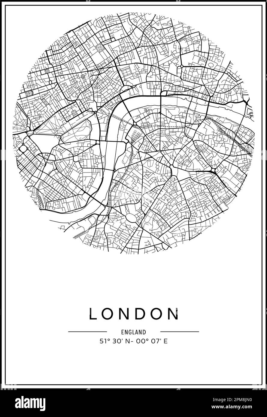 Carte de la ville de Londres imprimable en noir et blanc, design d'affiche, illustration vectorielle. Illustration de Vecteur