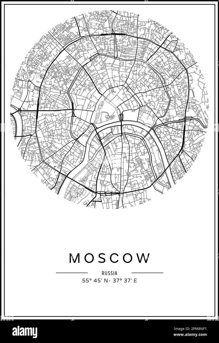 Carte de la ville de Moscou imprimable en noir et blanc, design d'affiche, illustration vectorielle. Illustration de Vecteur