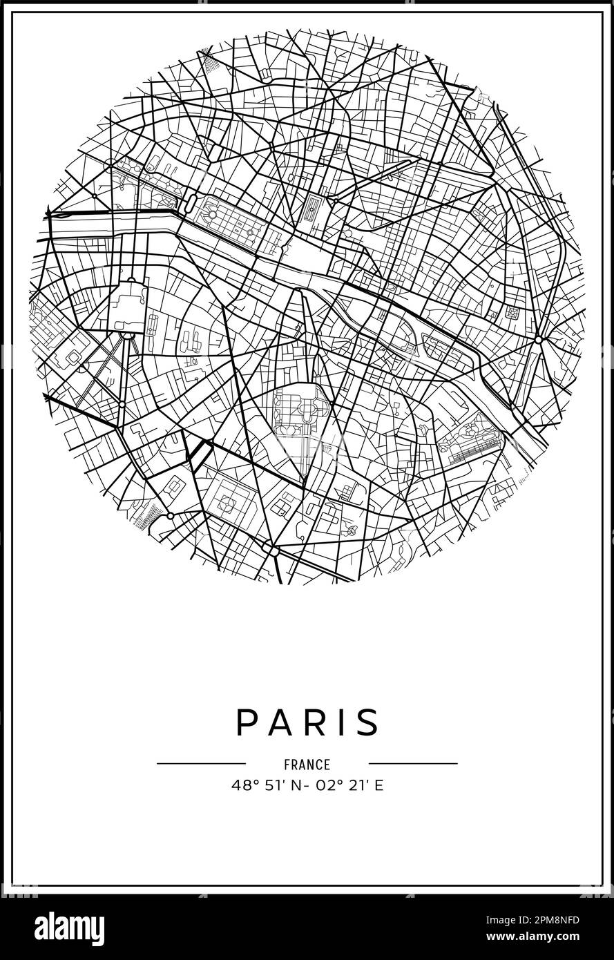 Carte de la ville de Paris imprimable en noir et blanc, design d'affiche, illustration vectorielle. Illustration de Vecteur