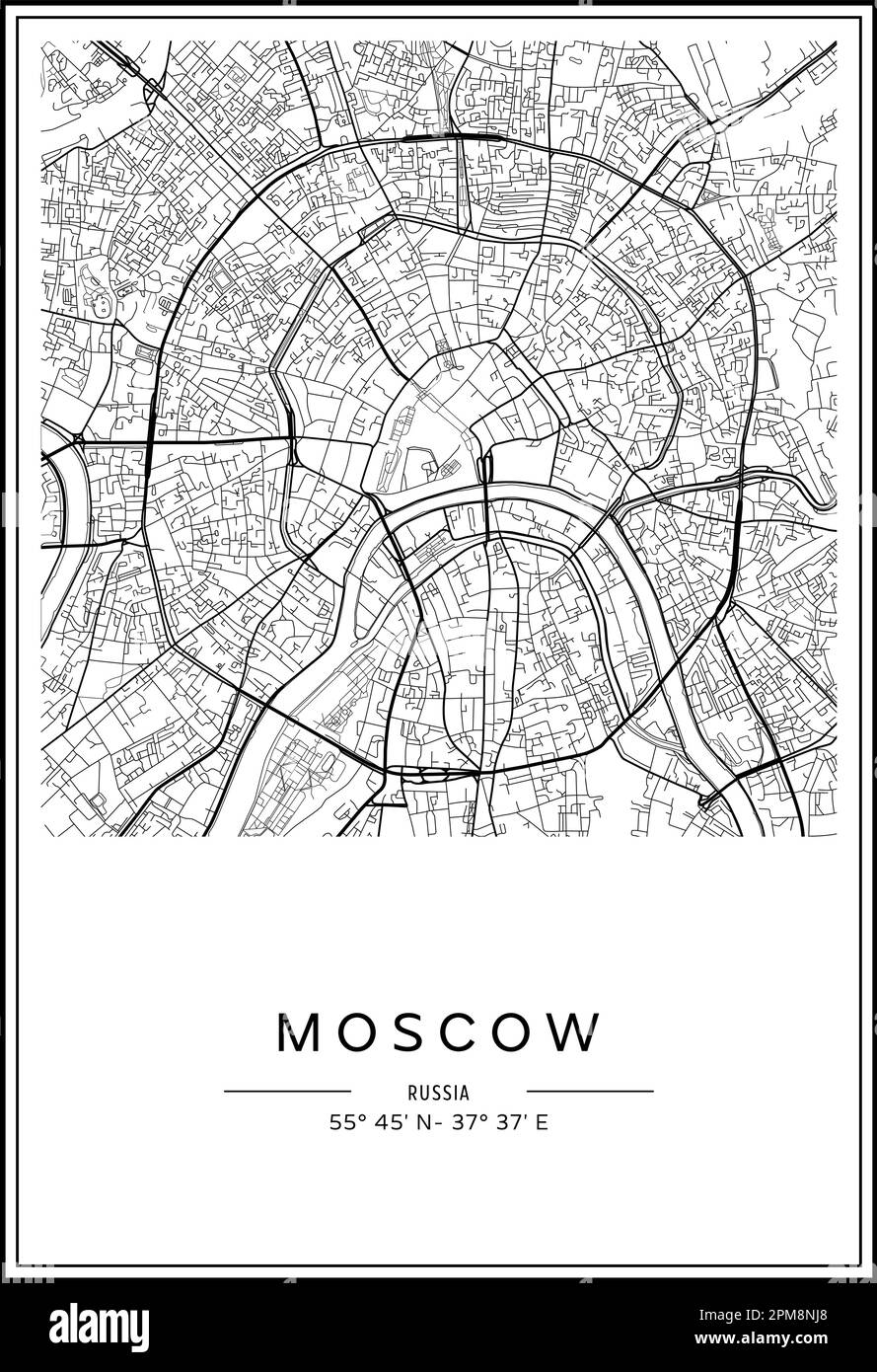 Carte de la ville de Moscou imprimable en noir et blanc, design d'affiche, illustration vectorielle. Illustration de Vecteur