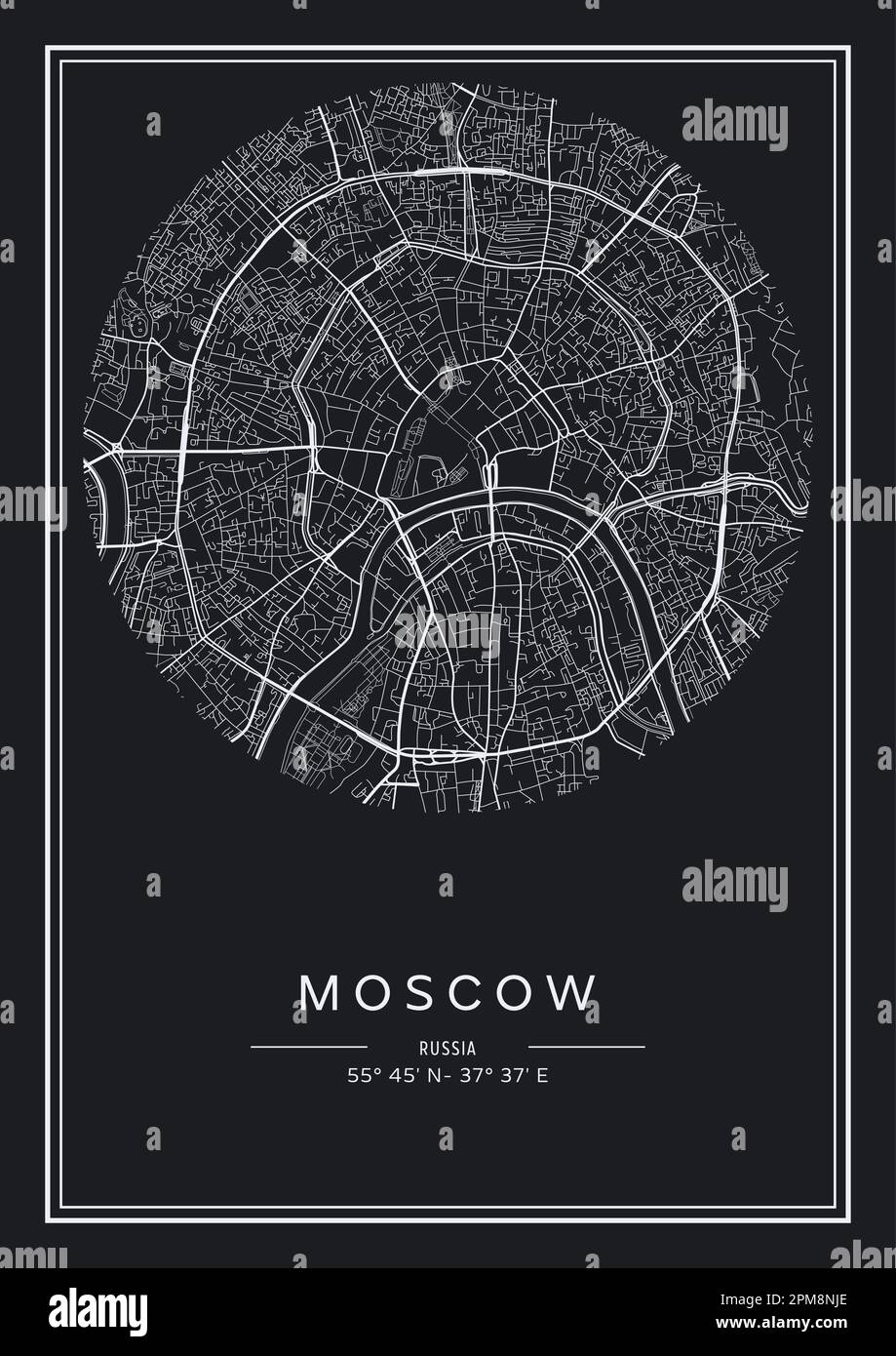 Carte de la ville de Moscou imprimable en noir et blanc, design d'affiche, illustration vectorielle. Illustration de Vecteur