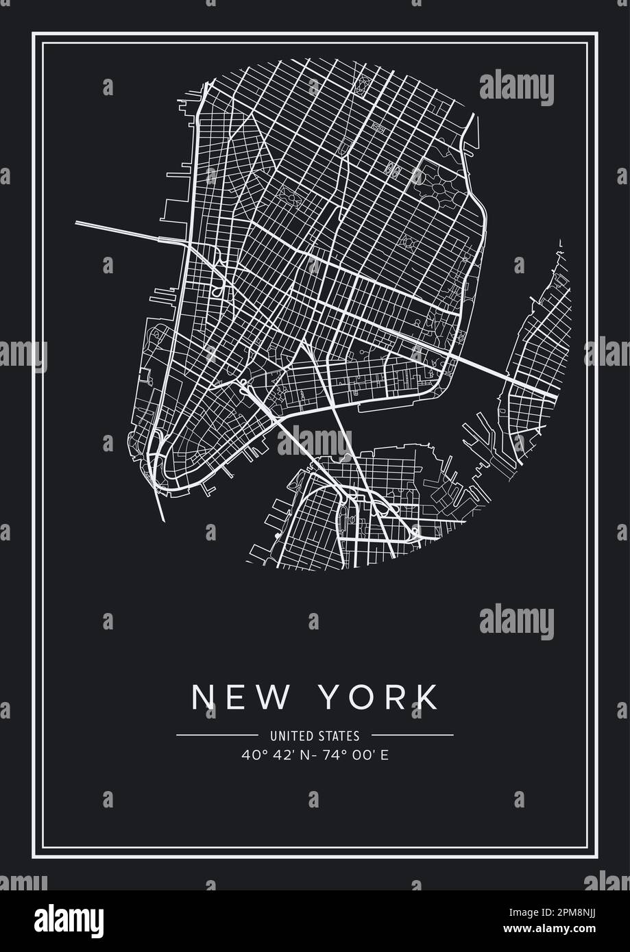 Carte de la ville de New York imprimable en noir et blanc, design d'affiche, illustration vectorielle. Illustration de Vecteur