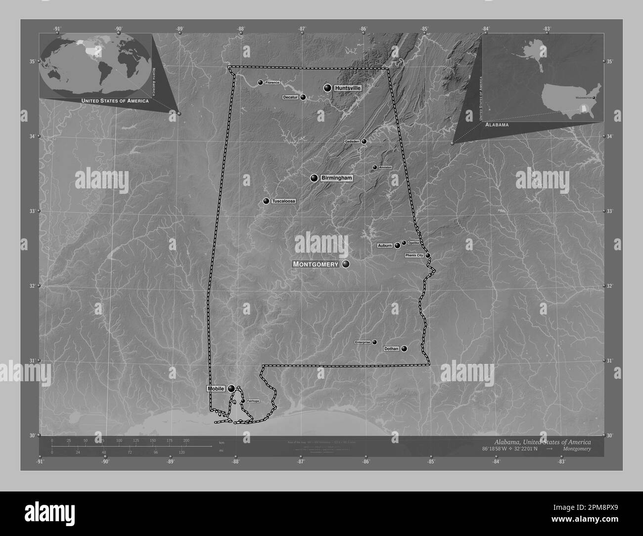 Alabama, État des États-Unis d'Amérique. Carte d'altitude en niveaux de gris avec lacs et rivières. Lieux et noms des principales villes de la région. Coin a Banque D'Images