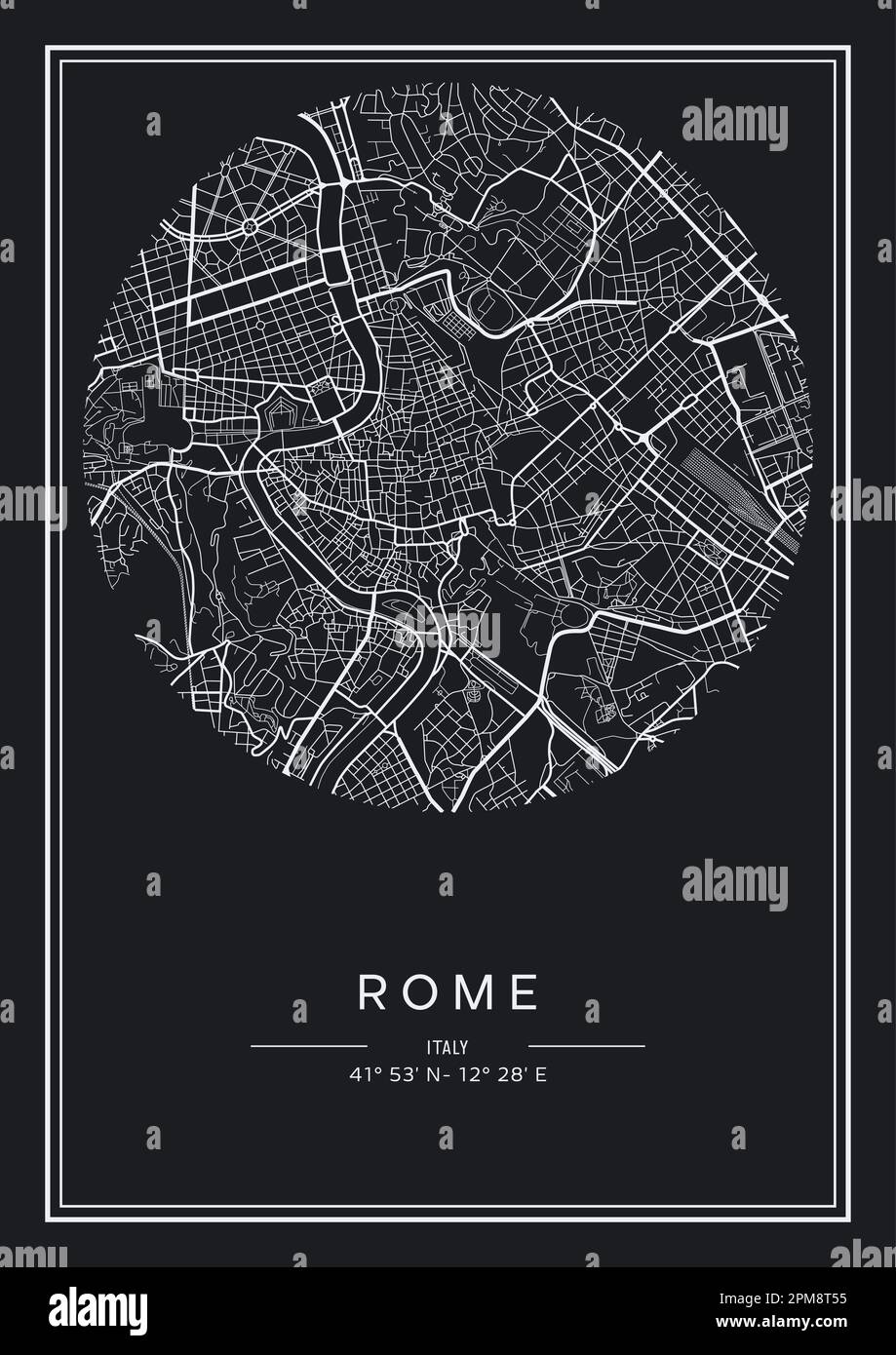 Carte de la ville de Rome imprimable en noir et blanc, conception d'affiches, illustration vectorielle. Illustration de Vecteur